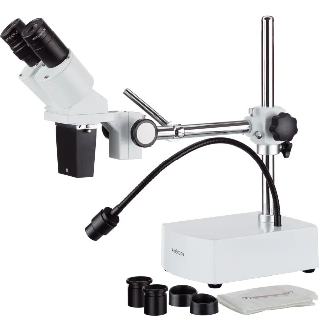 AmScope SE400-Z SE400 Series Compact Fixed-Lens Boom-Arm Stereo Microscope 10X-20X Magnification w/ Gooseneck LED Light