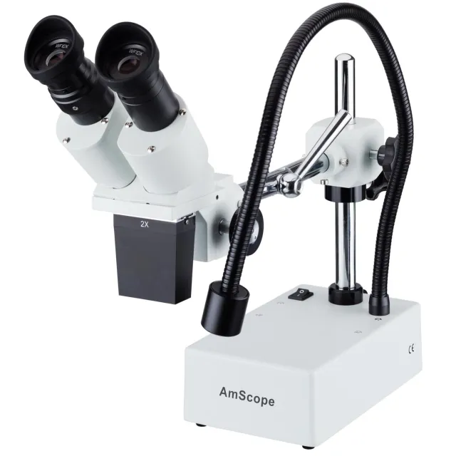 AmScope SE420-L Compact Fixed-Lens Binocular Stereo Microscope 20X Magnification on Boom-Arm w/ Gooseneck LED Light