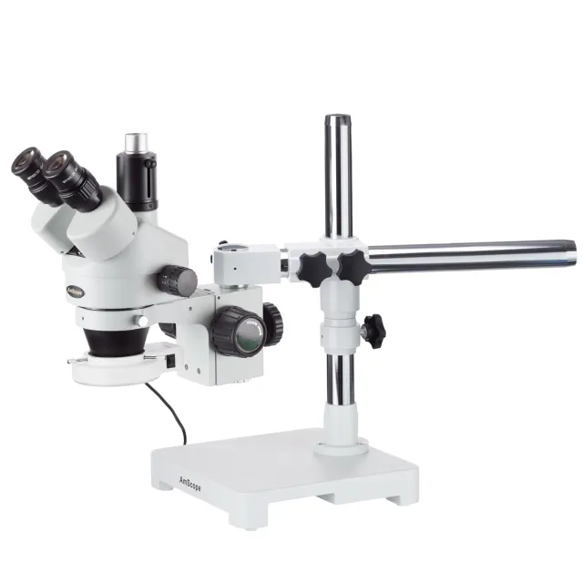 AmScope SM-3T-54S SM-3T Trinocular Zoom LED Stereo Microscope 7X-45X Magnification w/ Boom Stand and 54 LED Light