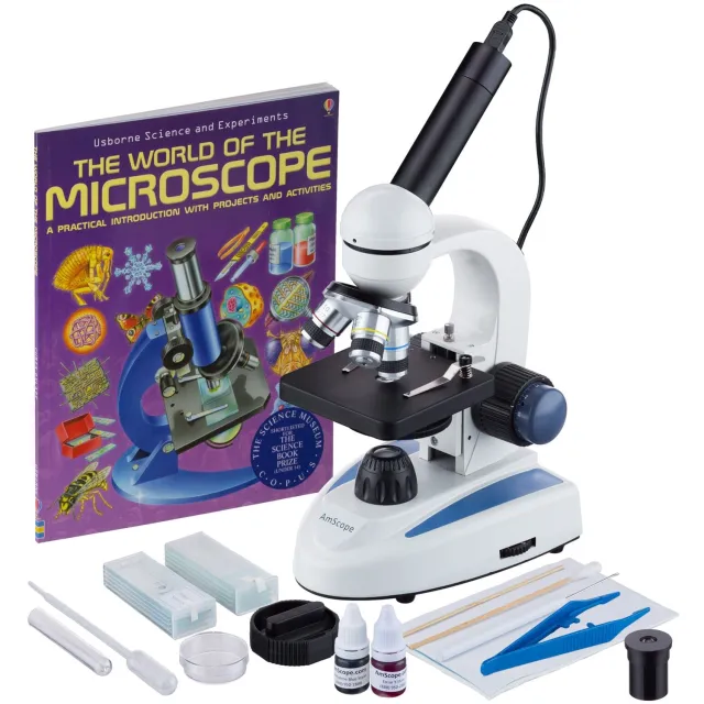 AmScope M158C-SP14-WM-E M158 Series Student Cordless Monocular Compound Microscope 40X-1000X Magnification with Top and Bottom Lights, USB Digital Camera, Slide Preparation Kit and Book