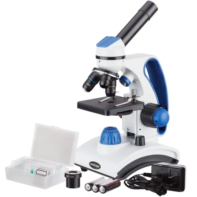AmScope M162C-2L-PB10 M162 Series Portable Student Monocular Compound Microscope 40X-1000X Magnification Dual Light Glass Lens Metal Frame + Slide Kit