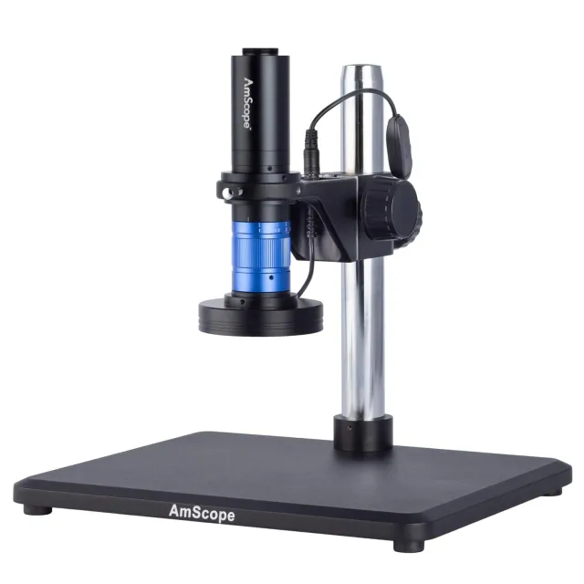 AmScope H756TDLD-C150-TS-M H756 Series Zoom Lens Monocular Stereo Microscope 0.7X-11.2X 0.7X-5.6X w/ Detent, 1.5X C-Mount Interface, and Ring Light on Table Stand + 1.3MP USB 2.0 C-mount Camera