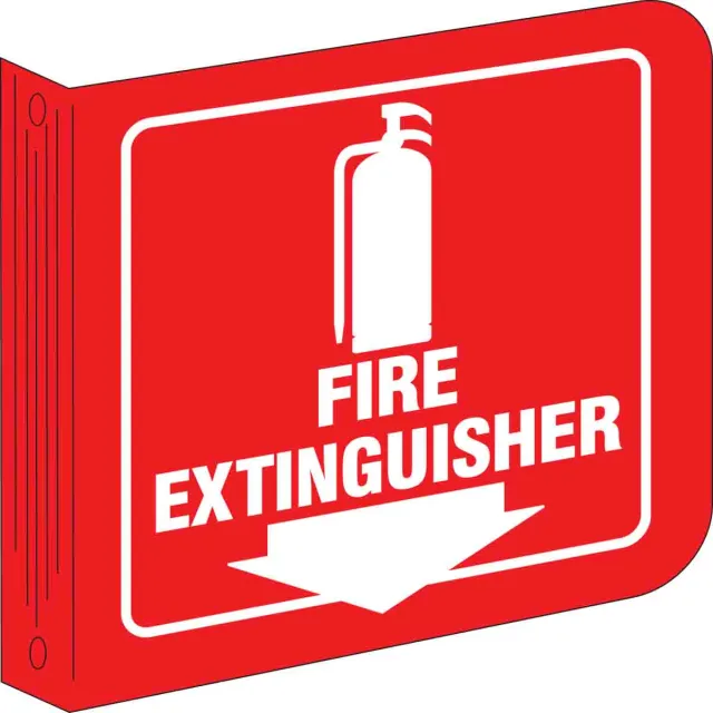 Brady L0FE15A L-Shape ""Fire Extinguisher"" Sign, Acrylic, White on Red, 8"" x 8""