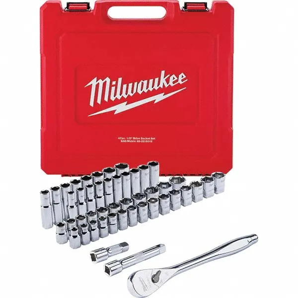 Milwaukee Tool 48-22-9010 47 Pc. 1/2"" Drive SAE & Metric Ratchet and Socket Set with Four Flat Sides