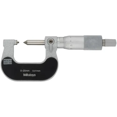 Mitutoyo 125-101 Series 125 Screw Thread Micrometer, 0-25 mm, 0.4-0.5 mm/64-48TPI